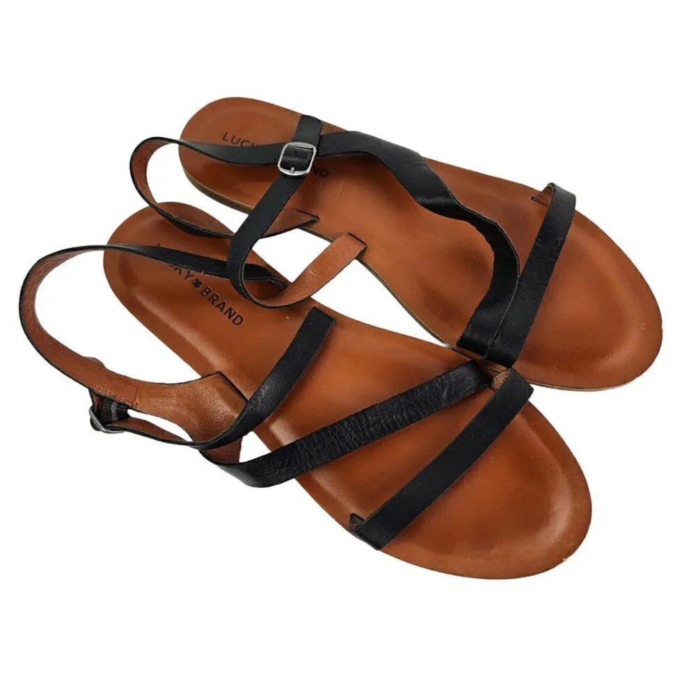 Lucky Brand Alexcia Black Leather Strappy Flat Sandal 11